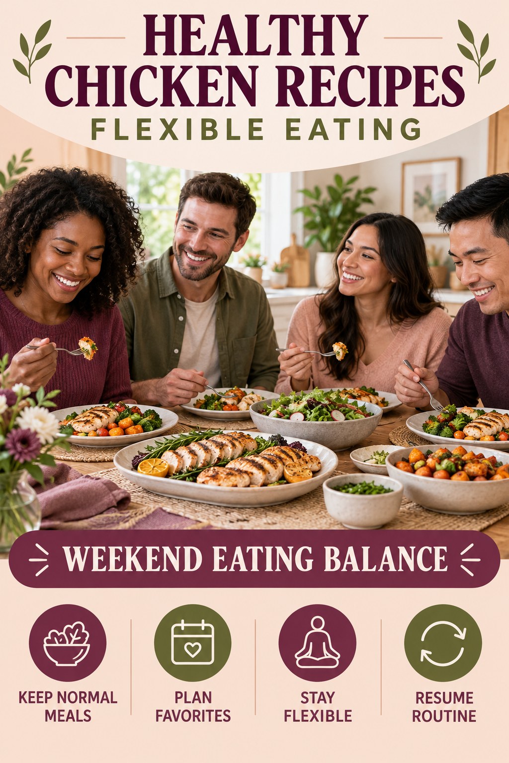 Healthy Chicken Recipes flexible eating graphic titled Weekend Eating Balance with four practical balance prompts.