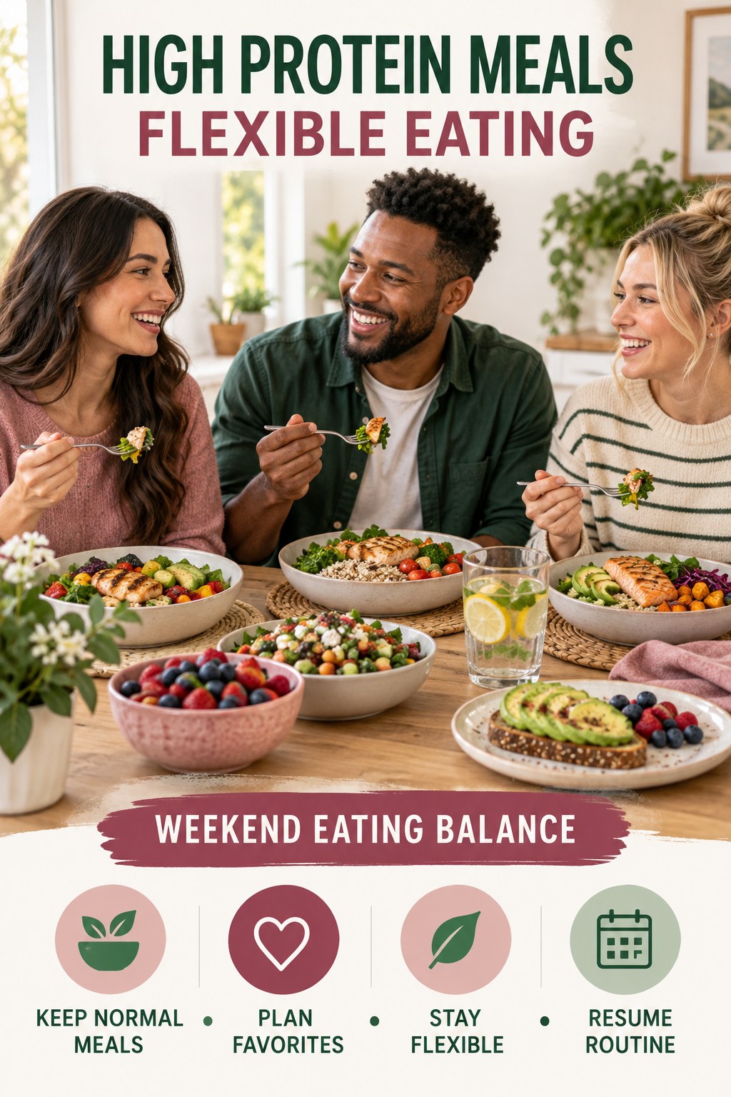 High Protein Meals flexible eating graphic titled Weekend Eating Balance with four practical balance prompts.