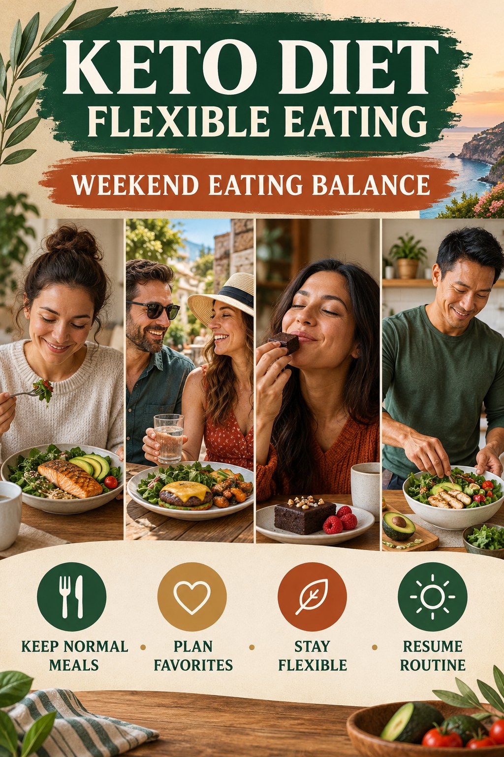 Keto Diet flexible eating graphic titled Weekend Eating Balance with four practical balance prompts.