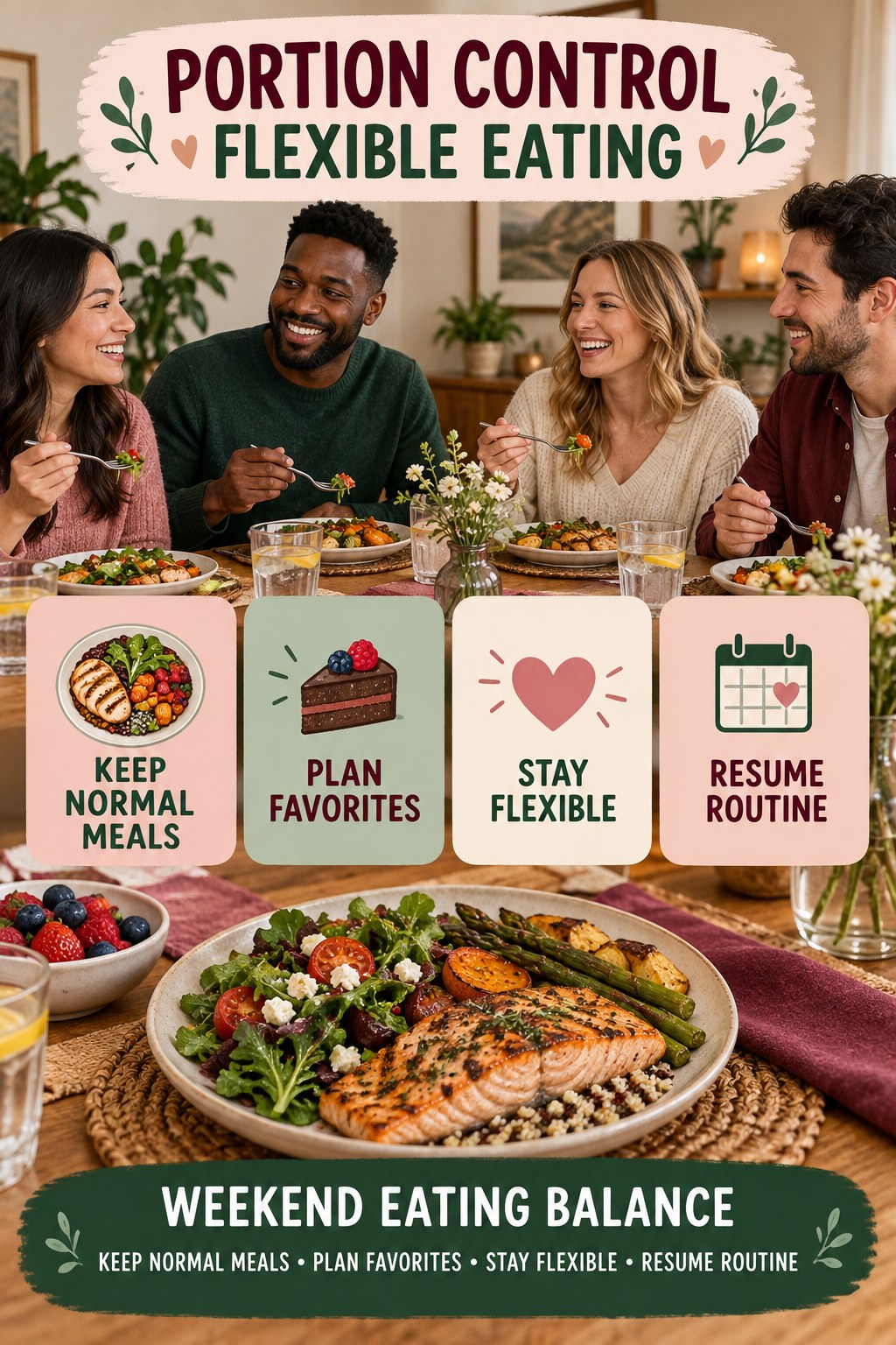 Portion Control flexible eating graphic titled Weekend Eating Balance with four practical balance prompts.