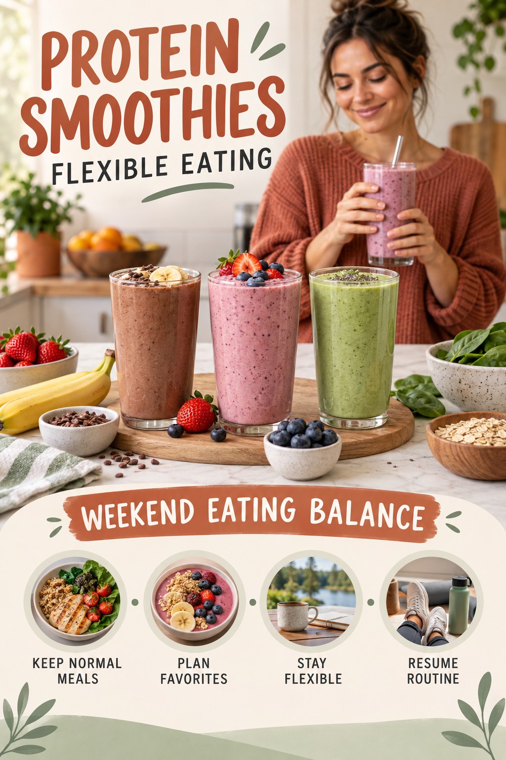 Protein Smoothies flexible eating graphic titled Weekend Eating Balance with four practical balance prompts.