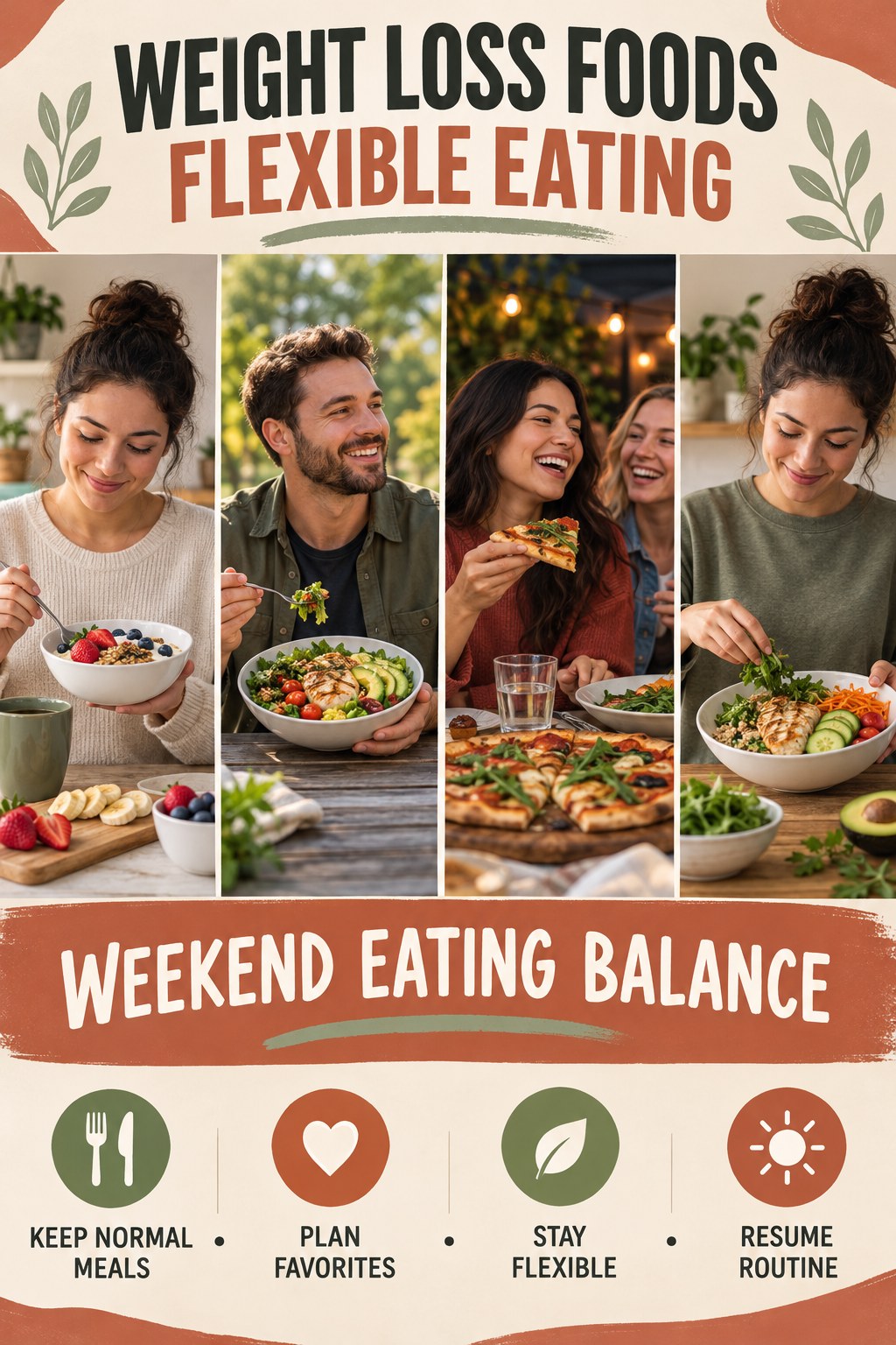 Weight Loss Foods flexible eating graphic titled Weekend Eating Balance with four practical balance prompts.