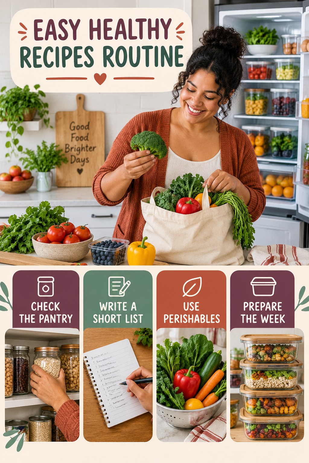 Weekend Grocery Wellness Reset for Easy Healthy Recipes with four readable routine cues and a realistic board-relevant wellness scene.