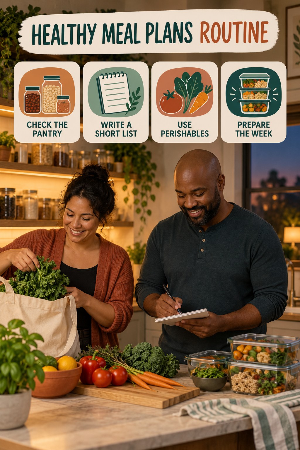Weekend Grocery Wellness Reset for Healthy Meal Plans with four readable routine cues and a realistic board-relevant wellness scene.