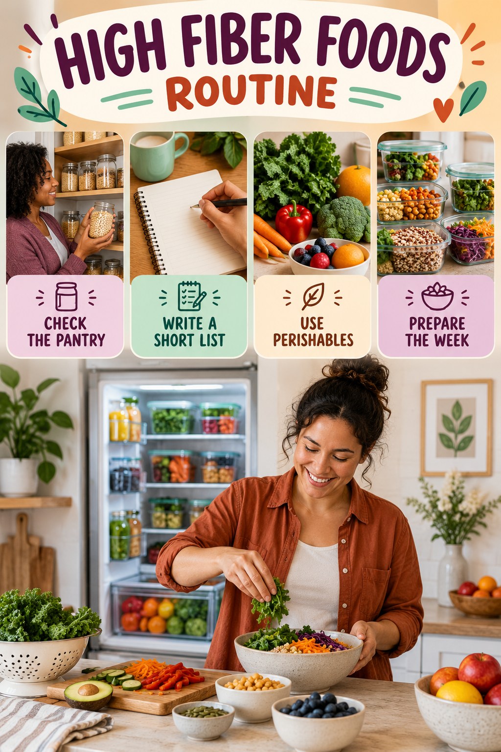 Weekend Grocery Wellness Reset for High Fiber Foods with four readable routine cues and a realistic board-relevant wellness scene.