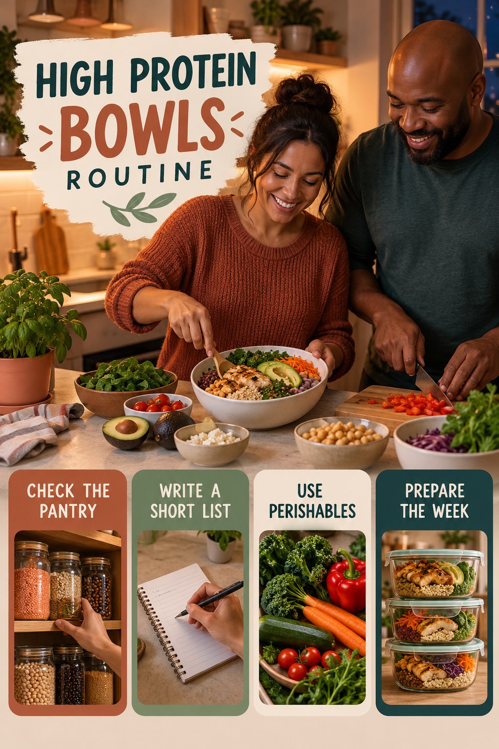 Weekend Grocery Wellness Reset for High Protein Bowls with four readable routine cues and a realistic board-relevant wellness scene.