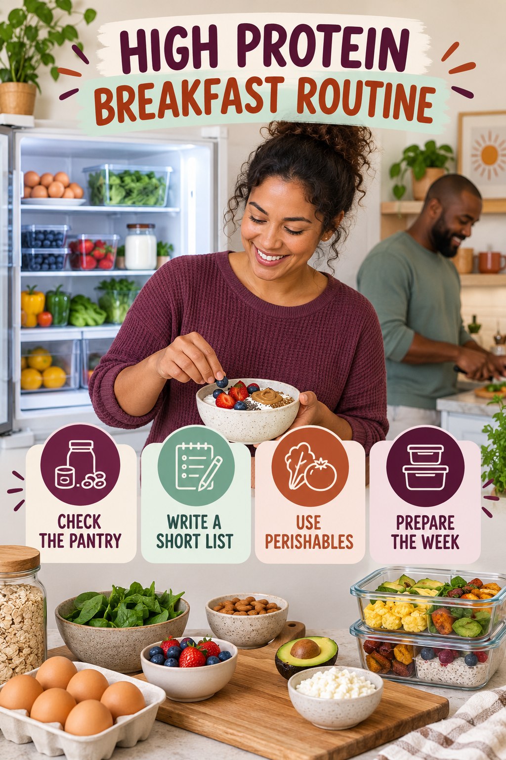 Weekend Grocery Wellness Reset for High Protein Breakfast with four readable routine cues and a realistic board-relevant wellness scene.