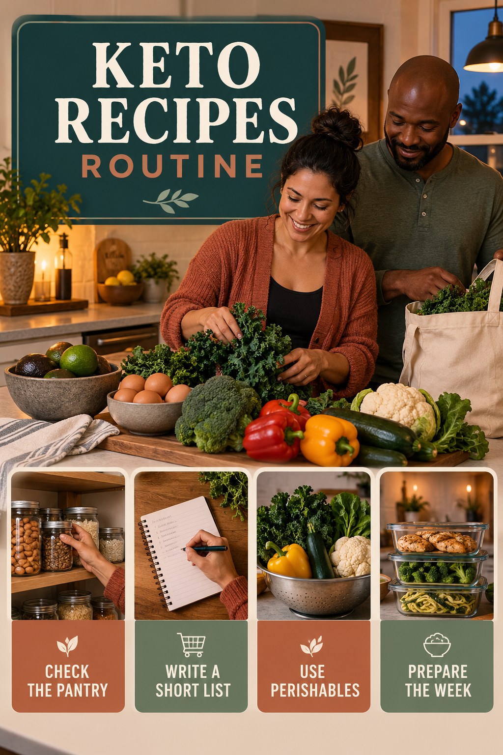 Weekend Grocery Wellness Reset for Keto Recipes with four readable routine cues and a realistic board-relevant wellness scene.