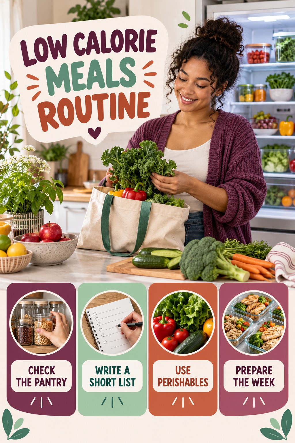 Weekend Grocery Wellness Reset for Low Calorie Meals with four readable routine cues and a realistic board-relevant wellness scene.