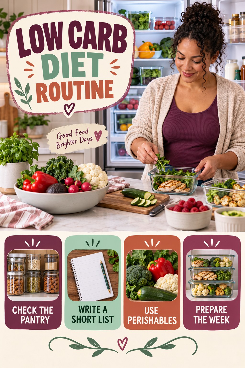 Weekend Grocery Wellness Reset for Low Carb Diet with four readable routine cues and a realistic board-relevant wellness scene.
