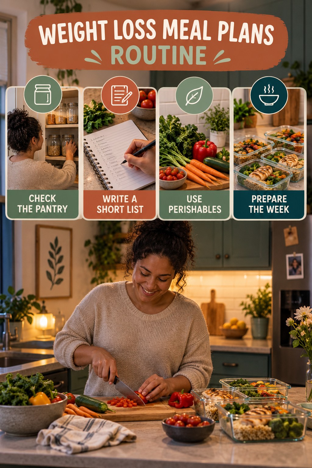 Weekend Grocery Wellness Reset for Weight Loss Meal Plans with four readable routine cues and a realistic board-relevant wellness scene.