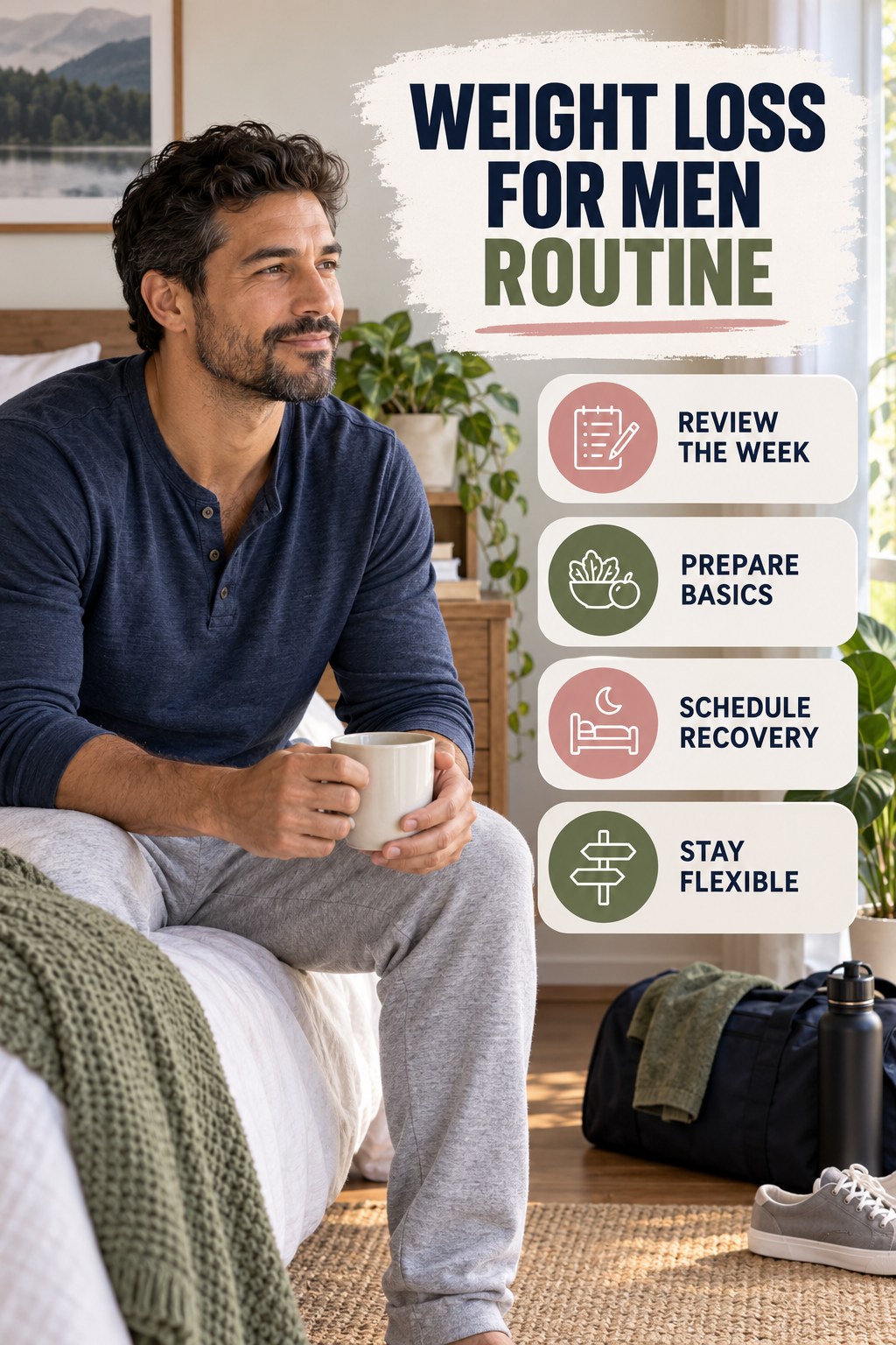 Weekend Wellness Reset for Weight Loss for Men with four readable routine cues and a realistic board-relevant wellness scene.