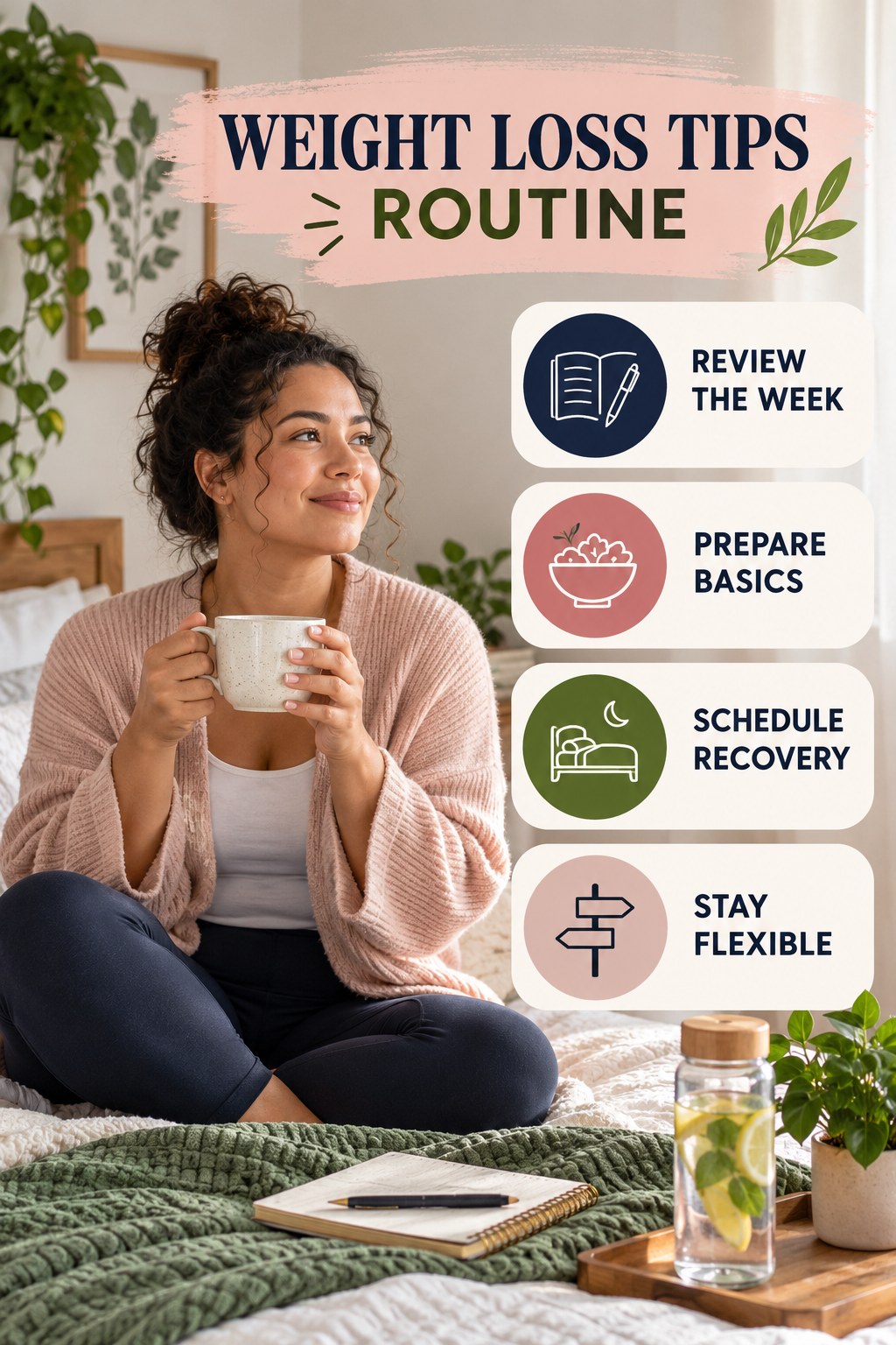 Weekend Wellness Reset for Weight Loss Tips with four readable routine cues and a realistic board-relevant wellness scene.