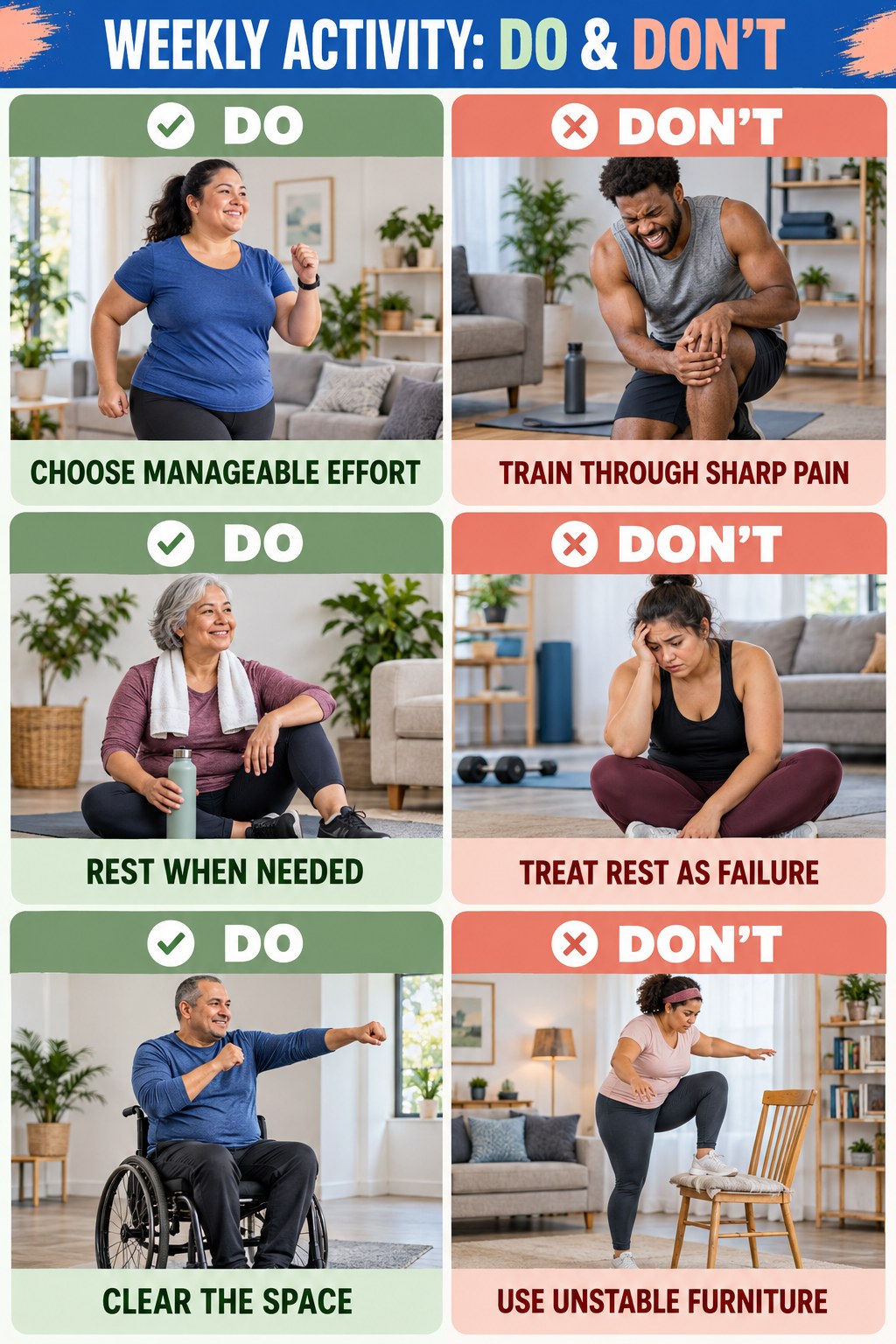 Cardio Workouts for Weight Loss Do and Don’t comparison graphic showing three practical behavior pairs for weekly activity.