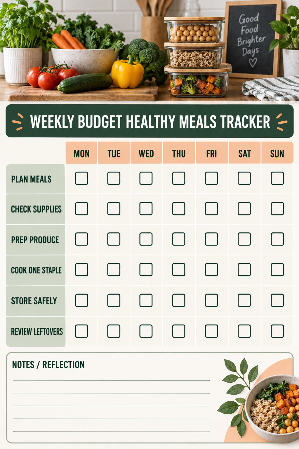 Weekly Budget Healthy Meals printable-style tracker graphic with six labeled rows, empty checkboxes, and a reflection area.