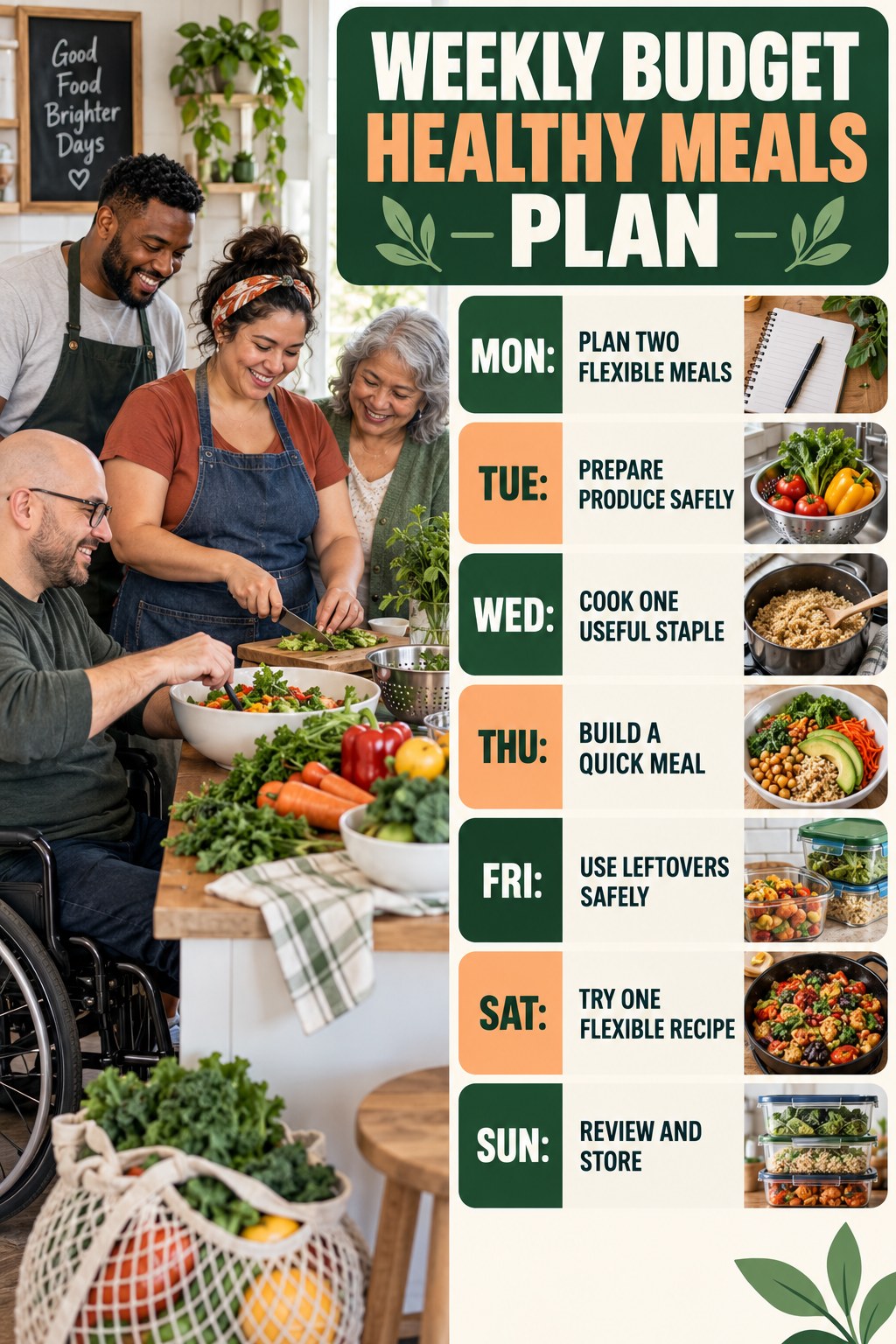 Weekly Budget Healthy Meals plan graphic with concise Monday-to-Sunday actions and flexible recovery guidance.