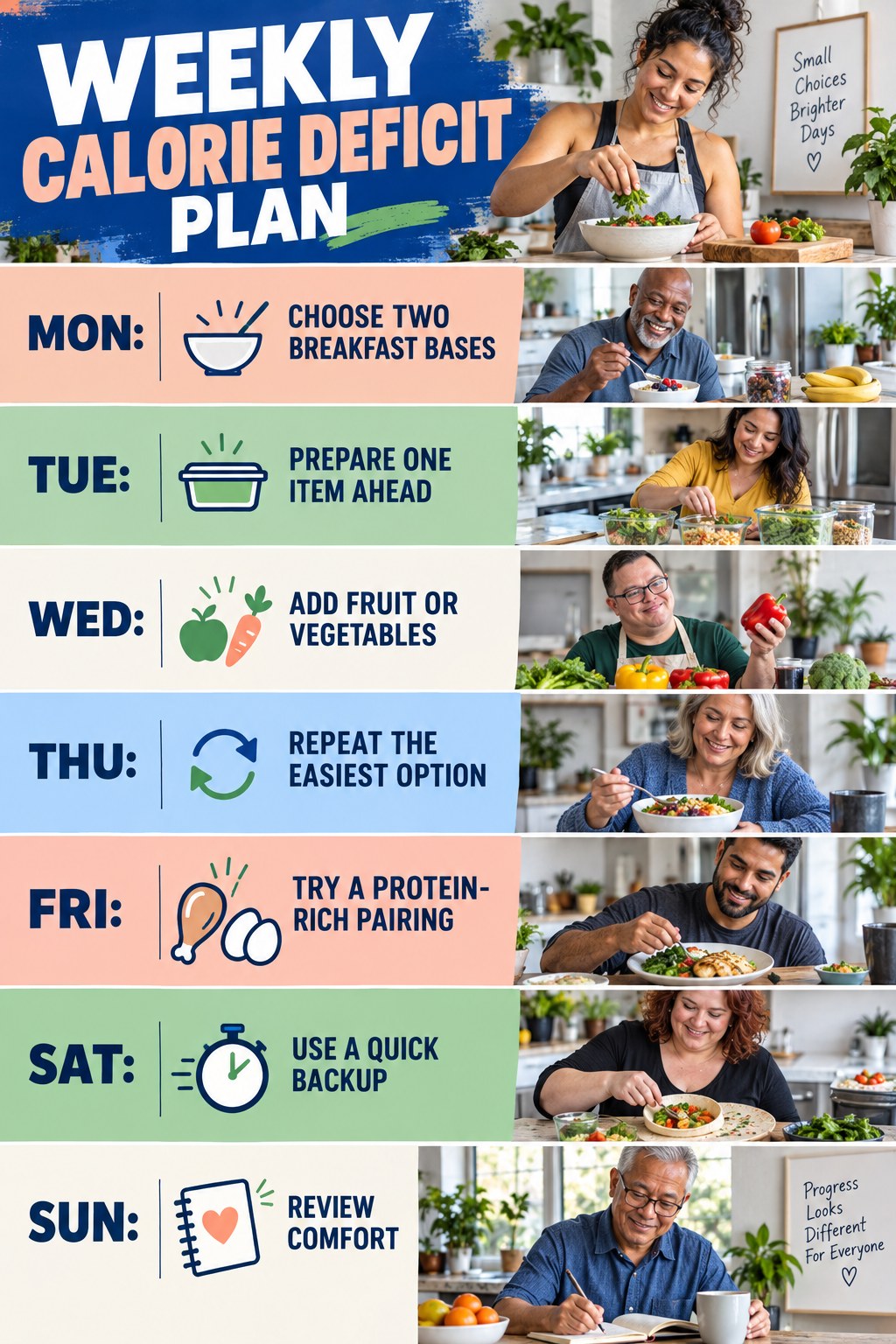 Weekly Calorie Deficit plan graphic with concise Monday-to-Sunday actions and flexible recovery guidance.