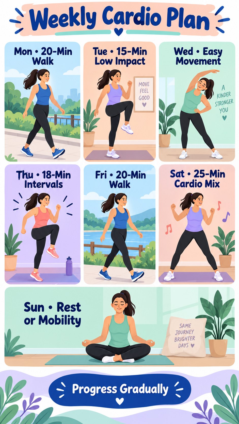 Weekly cardio planner with walking, low-impact exercise, intervals, mixed cardio, easy movement, mobility, and rest.