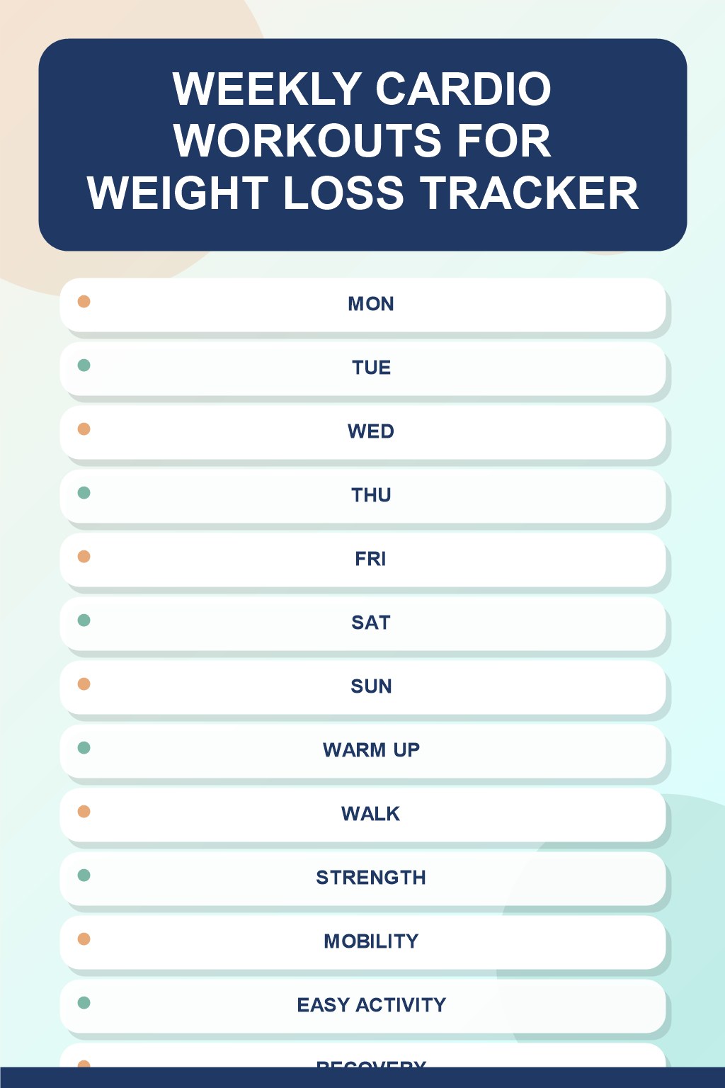 Weekly Cardio Workouts for Weight Loss printable-style tracker graphic with six labeled rows, empty checkboxes, and a reflection area.