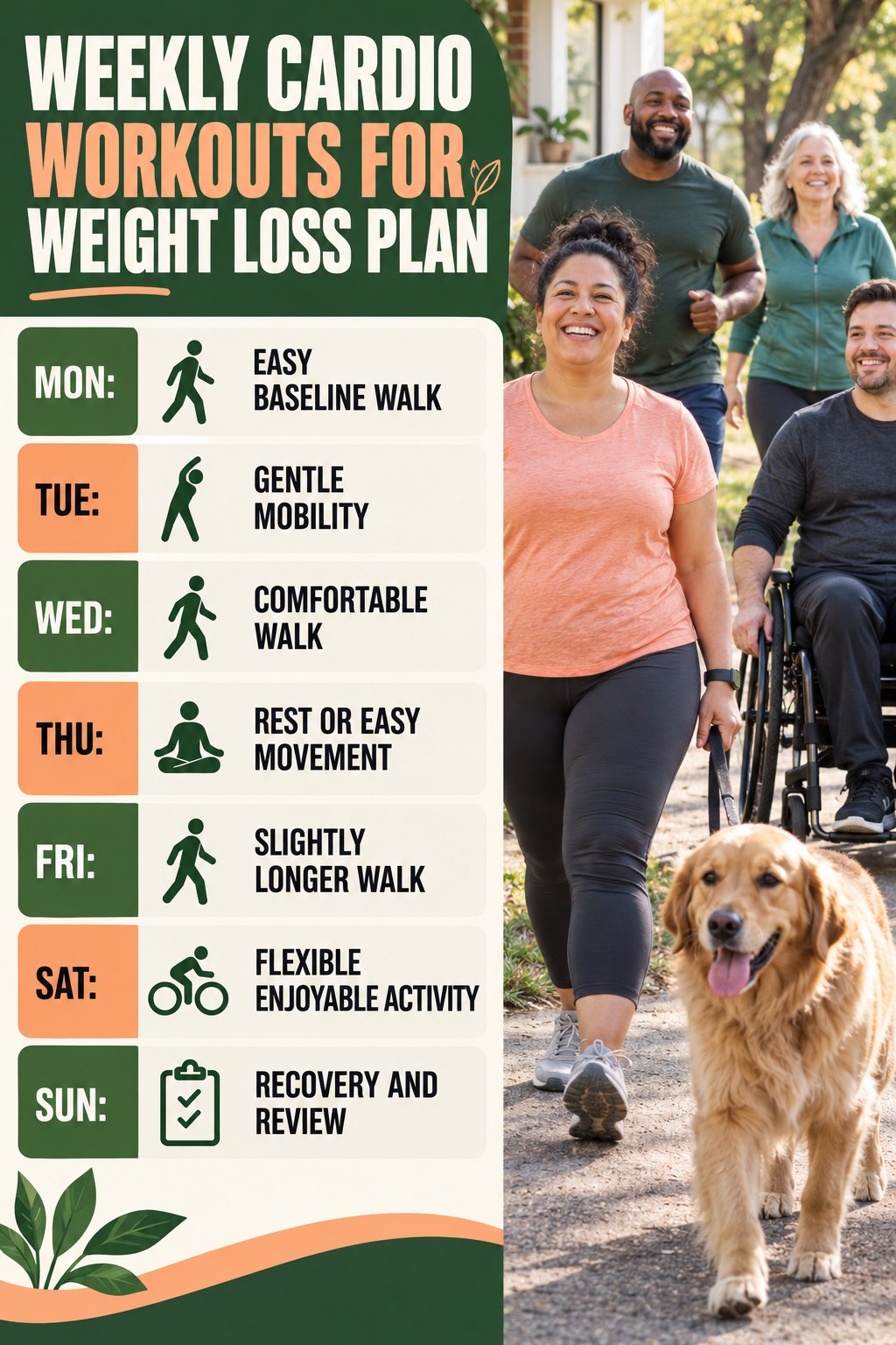 Weekly Cardio Workouts for Weight Loss plan graphic with concise Monday-to-Sunday actions and flexible recovery guidance.