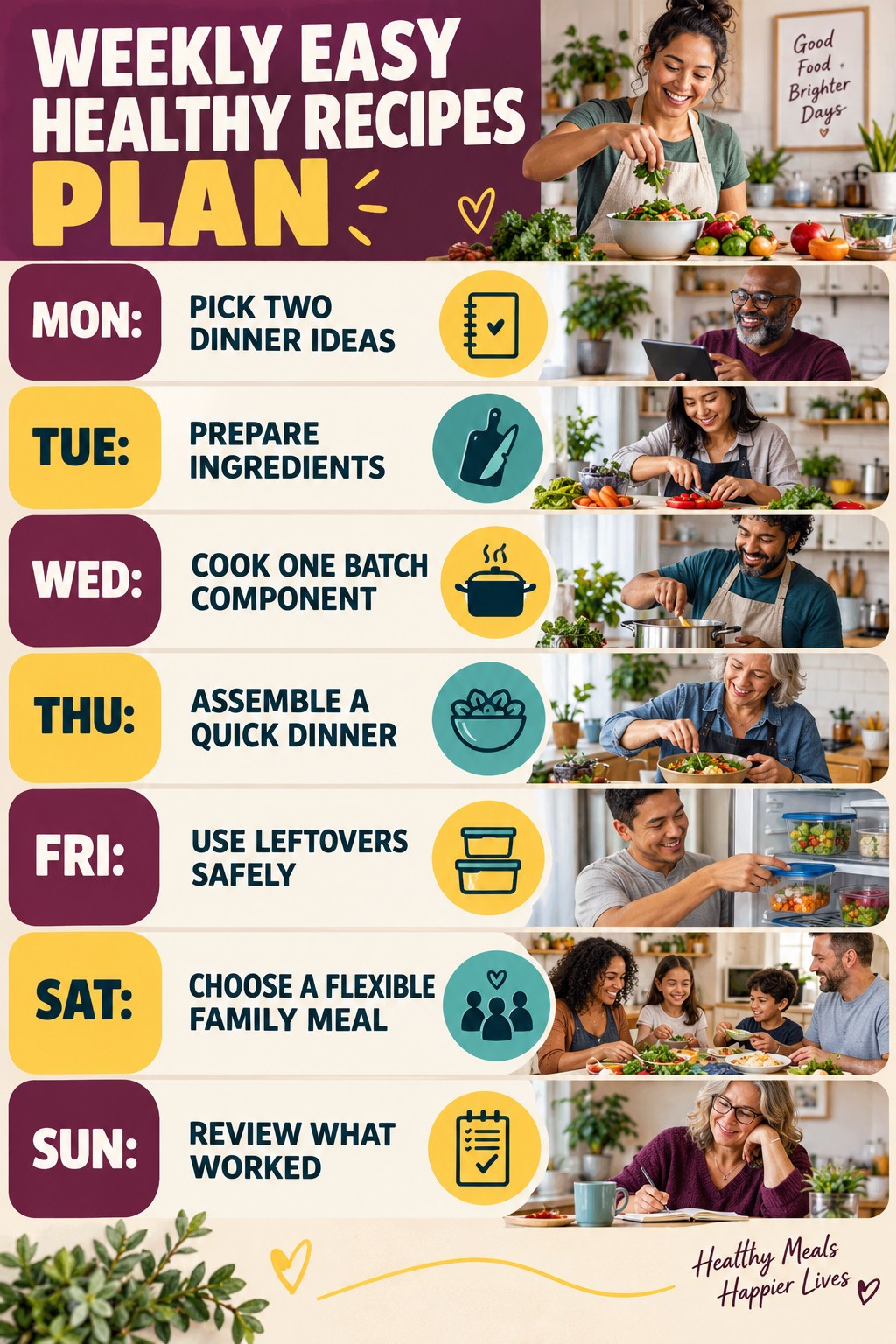 Weekly Easy Healthy Recipes plan graphic with concise Monday-to-Sunday actions and flexible recovery guidance.