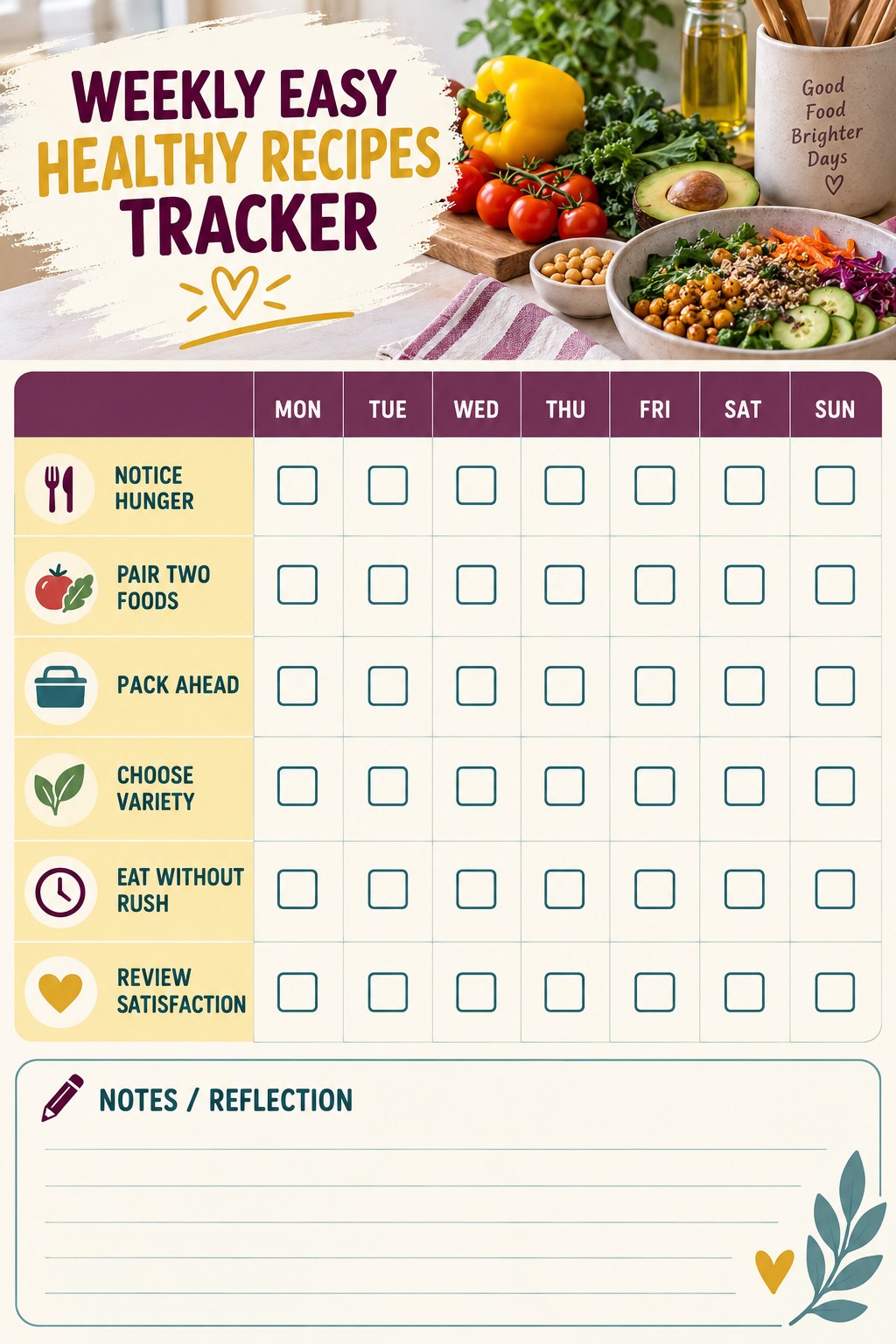 Weekly Easy Healthy Recipes printable-style tracker graphic with six labeled rows, empty checkboxes, and a reflection area.