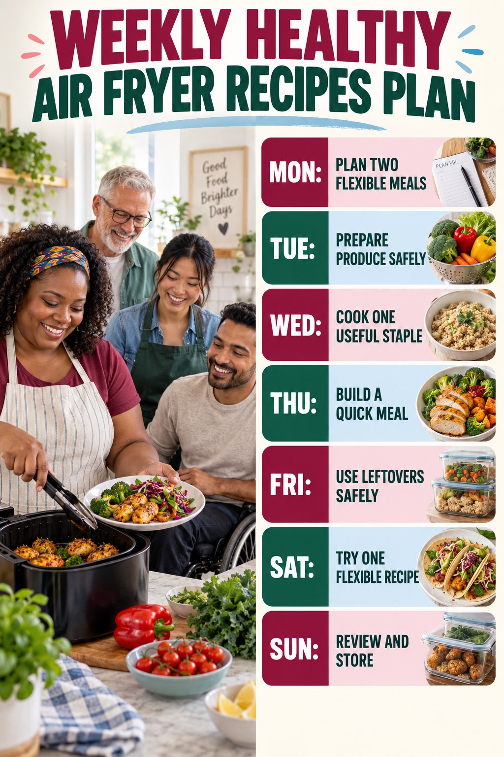 Weekly Healthy Air Fryer Recipes plan graphic with concise Monday-to-Sunday actions and flexible recovery guidance.