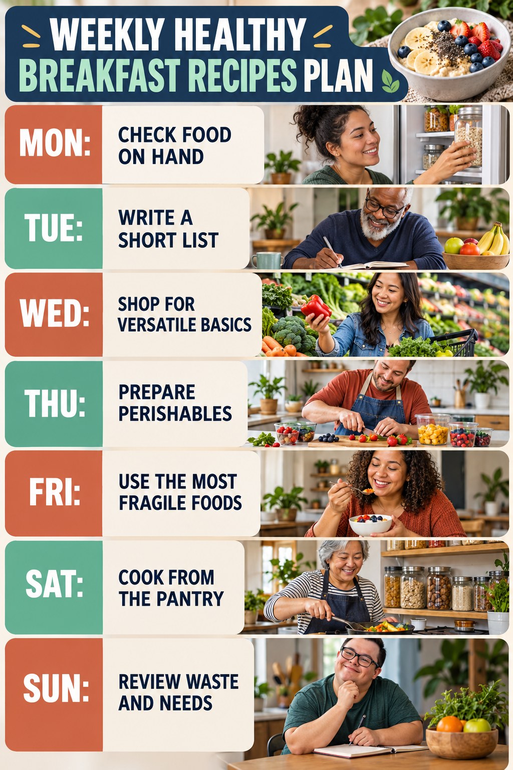 Weekly Healthy Breakfast Recipes plan graphic with concise Monday-to-Sunday actions and flexible recovery guidance.