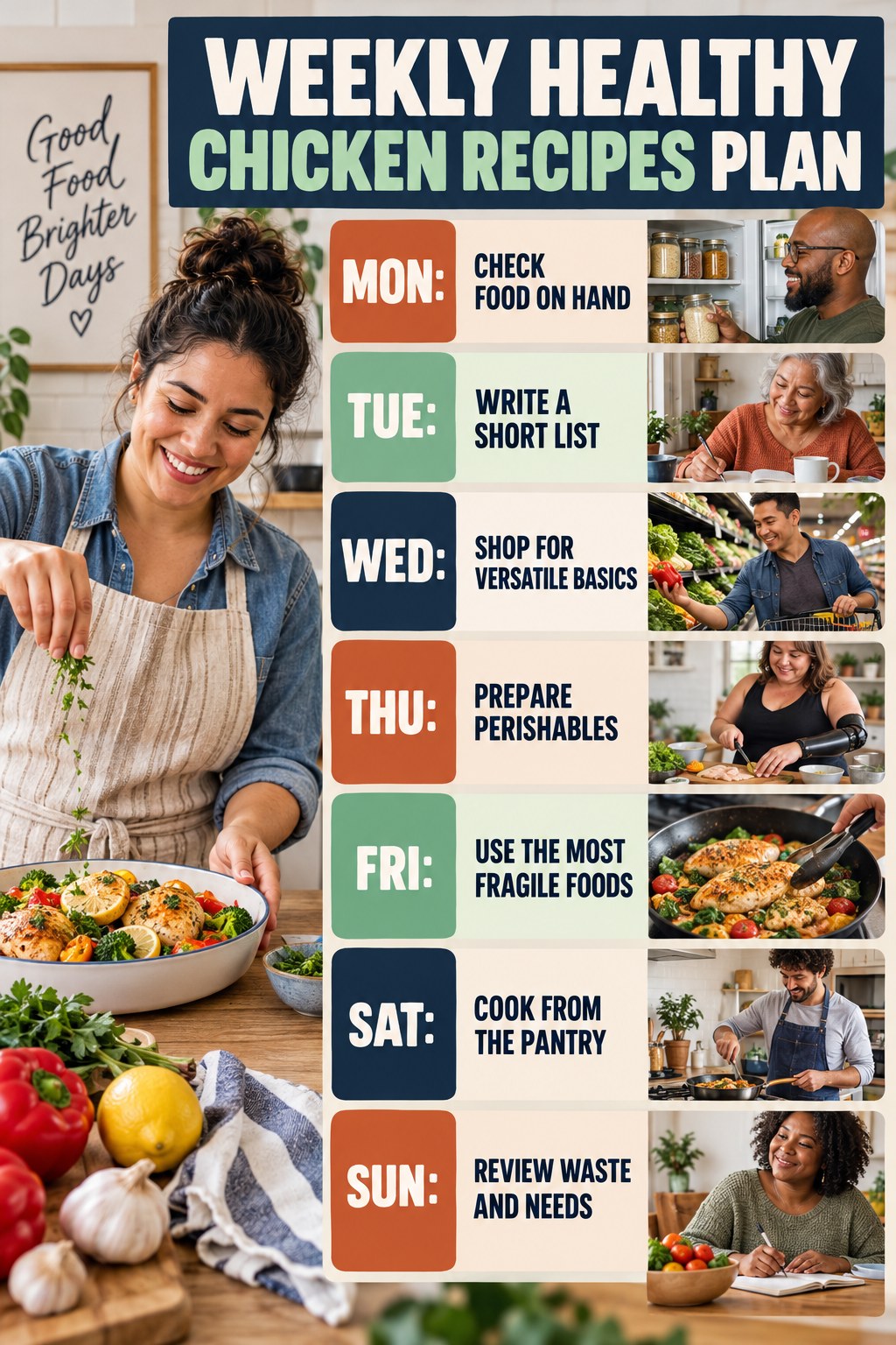 Weekly Healthy Chicken Recipes plan graphic with concise Monday-to-Sunday actions and flexible recovery guidance.