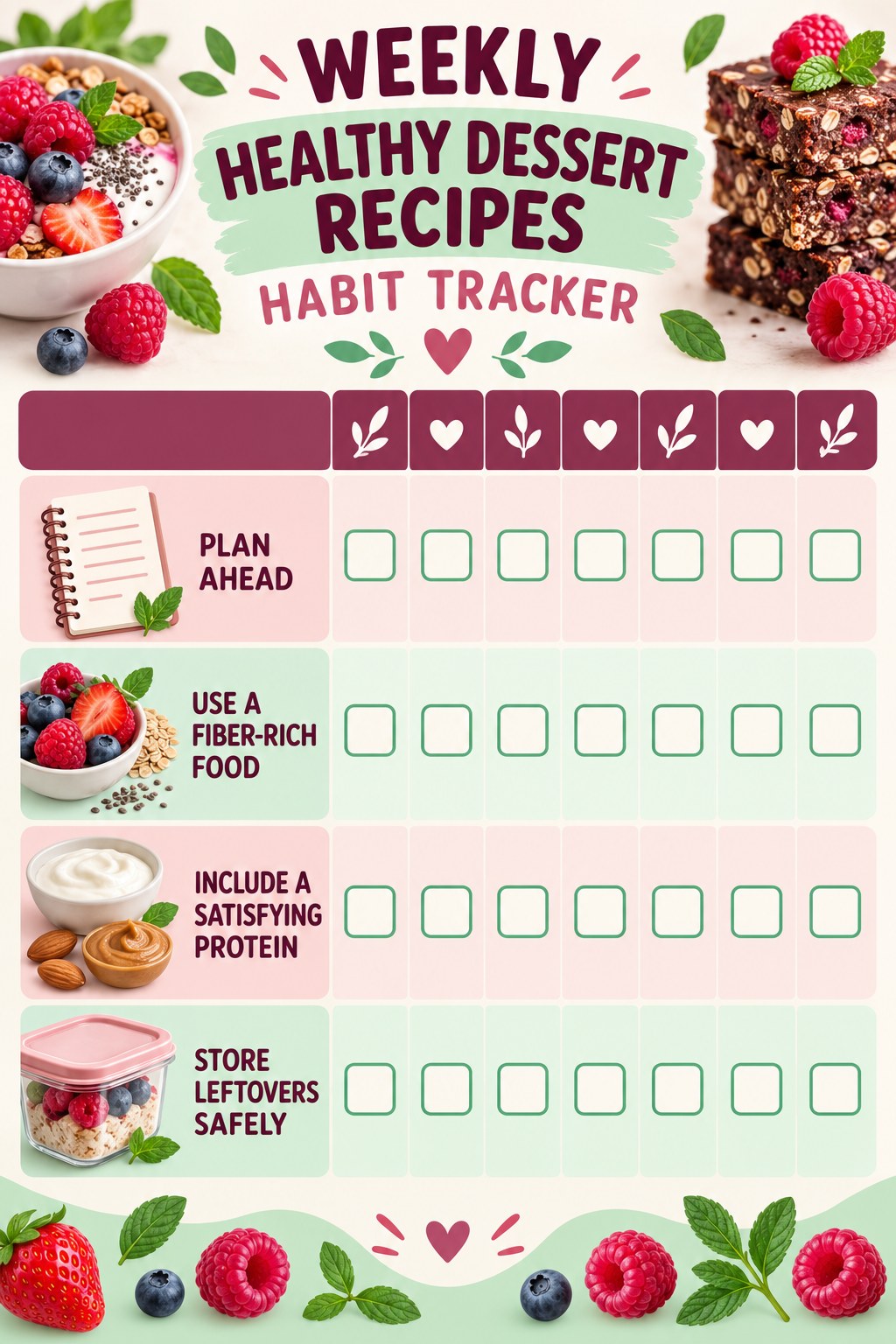 Weekly Healthy Dessert Recipes Habit Tracker infographic with checkboxes for plan ahead, use a fiber-rich food, include a satisfying protein, store leftovers safely.