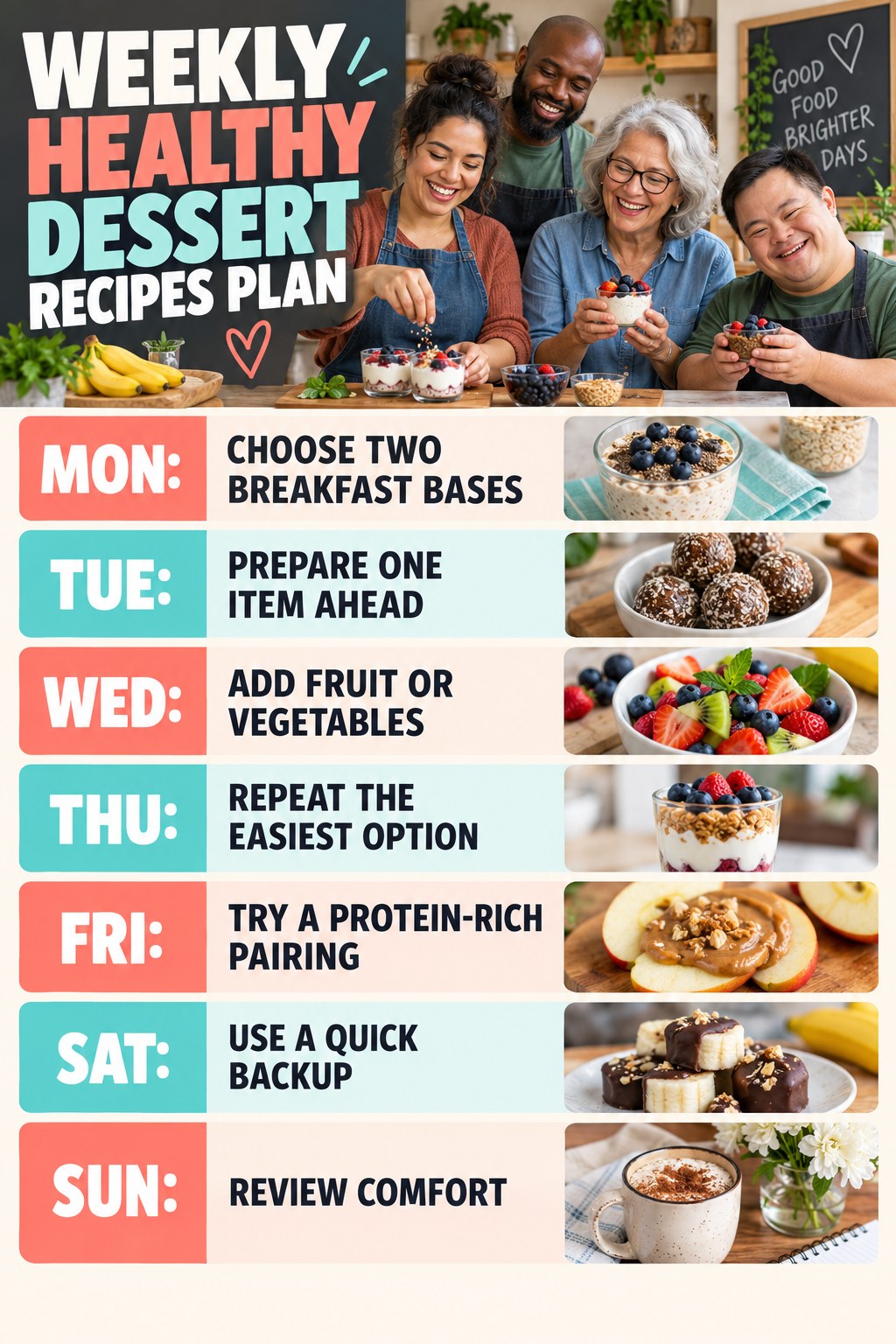 Weekly Healthy Dessert Recipes plan graphic with concise Monday-to-Sunday actions and flexible recovery guidance.