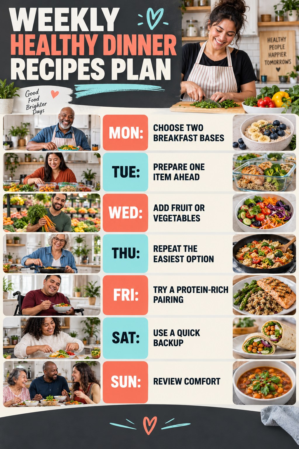 Weekly Healthy Dinner Recipes plan graphic with concise Monday-to-Sunday actions and flexible recovery guidance.