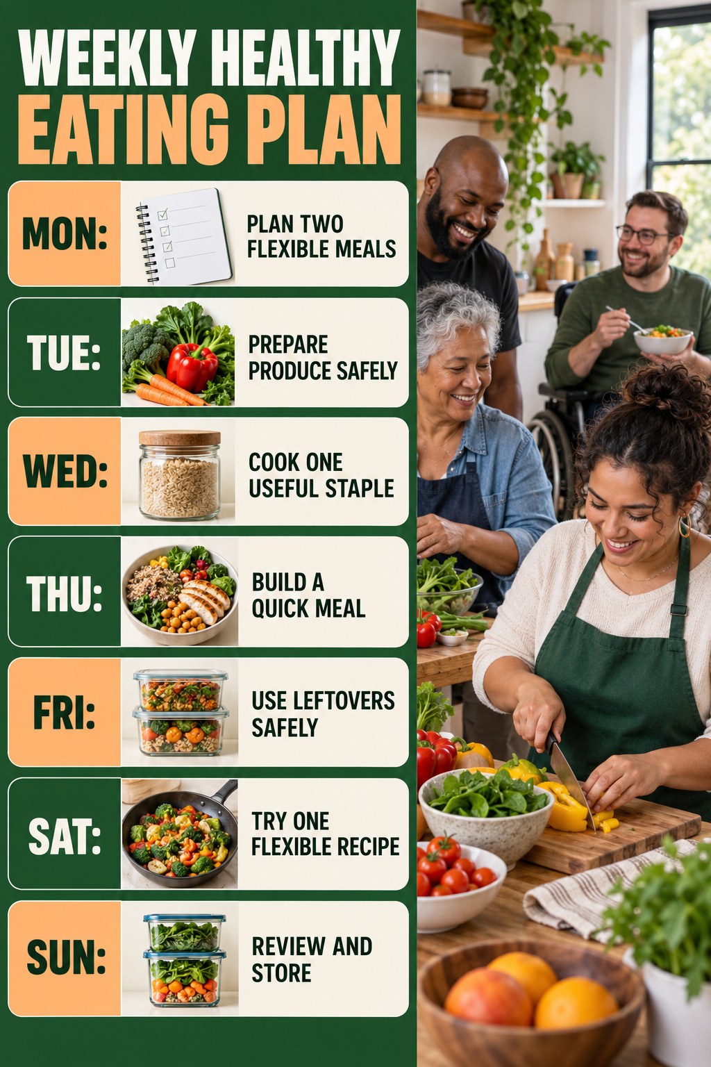 Weekly Healthy Eating plan graphic with concise Monday-to-Sunday actions and flexible recovery guidance.