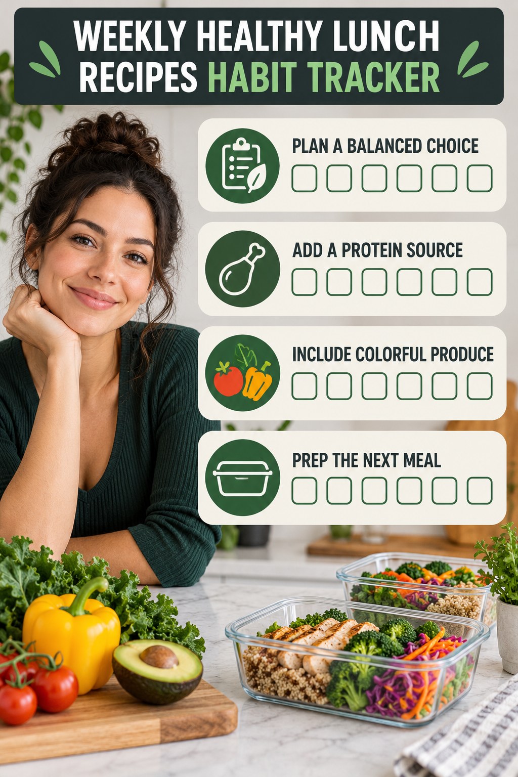 Weekly Healthy Lunch Recipes Habit Tracker infographic with checkboxes for plan a balanced choice, add a protein source, include colorful produce, prep the next meal.