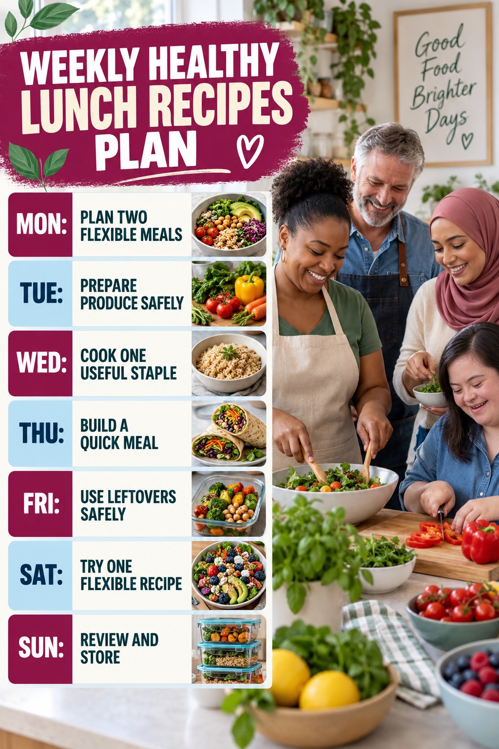 Weekly Healthy Lunch Recipes plan graphic with concise Monday-to-Sunday actions and flexible recovery guidance.