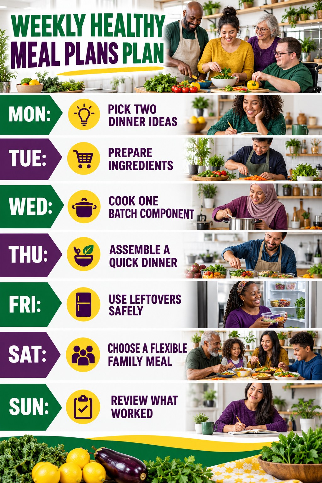 Weekly Healthy Meal Plans plan graphic with concise Monday-to-Sunday actions and flexible recovery guidance.