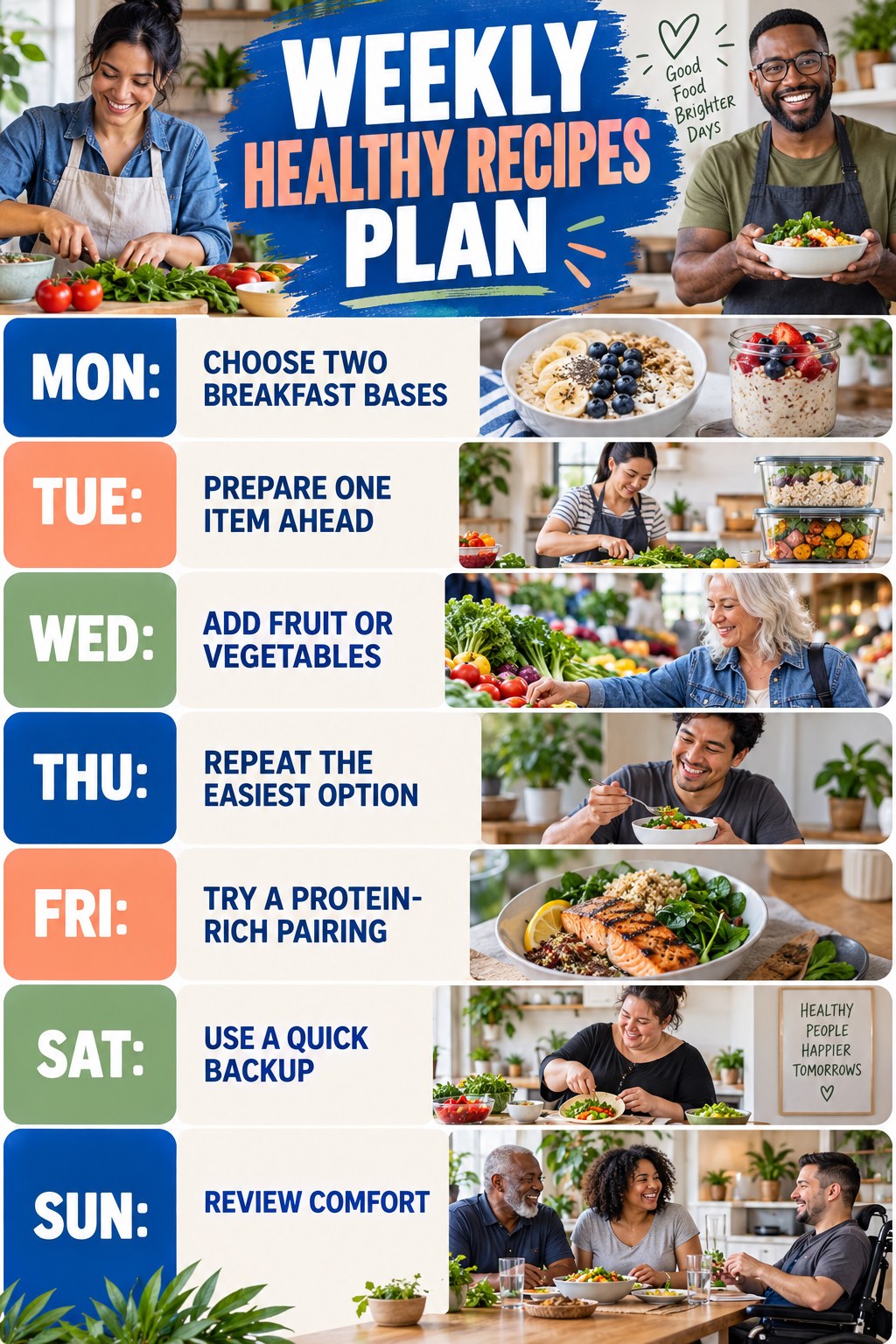 Weekly Healthy Recipes plan graphic with concise Monday-to-Sunday actions and flexible recovery guidance.