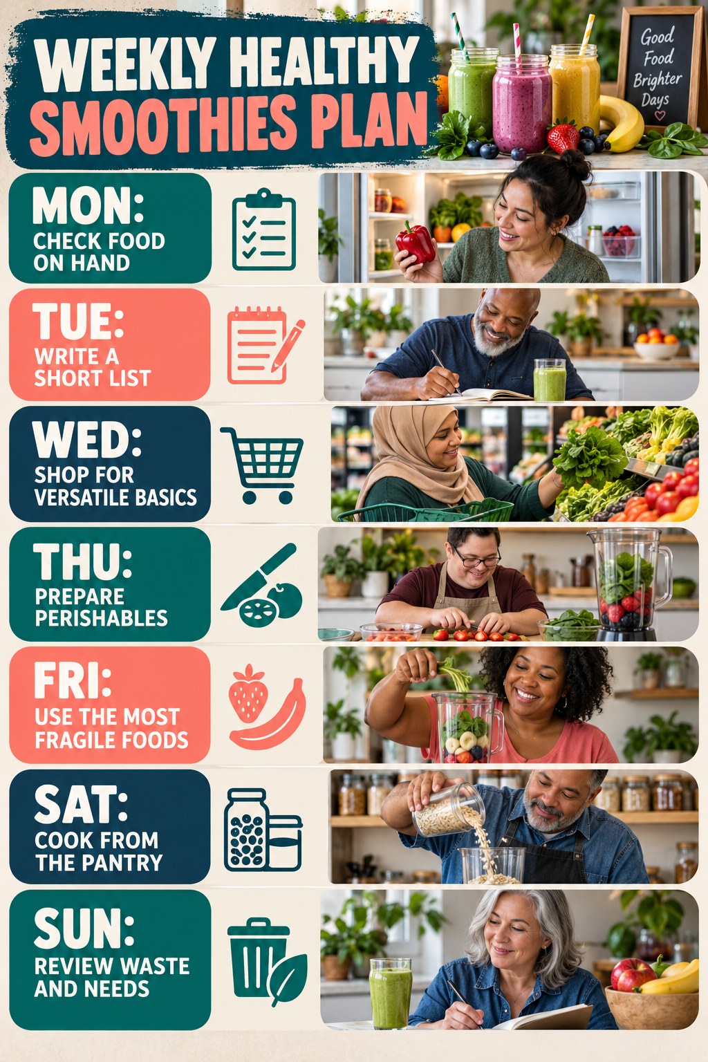 Weekly Healthy Smoothies plan graphic with concise Monday-to-Sunday actions and flexible recovery guidance.