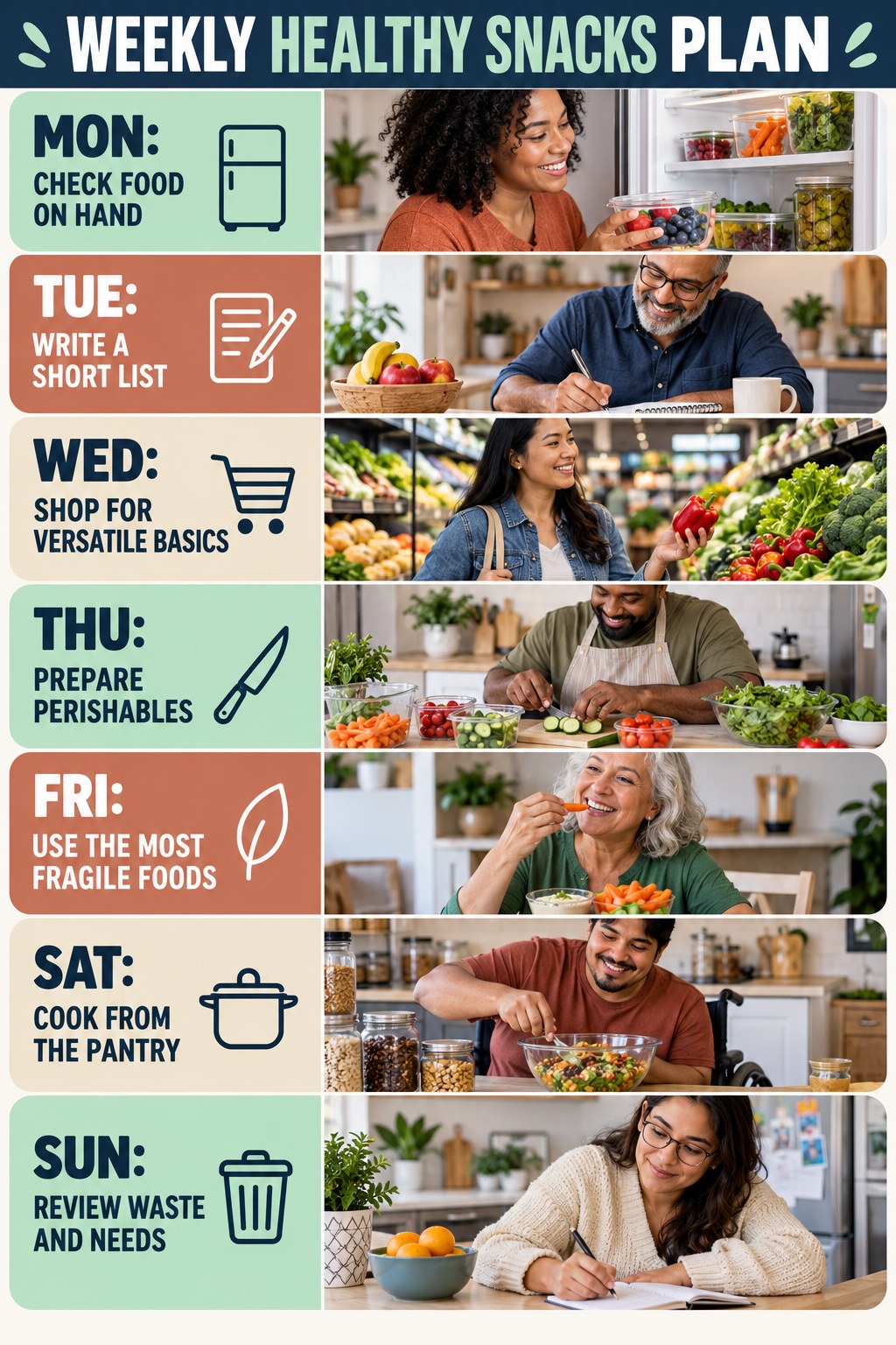 Weekly Healthy Snacks plan graphic with concise Monday-to-Sunday actions and flexible recovery guidance.