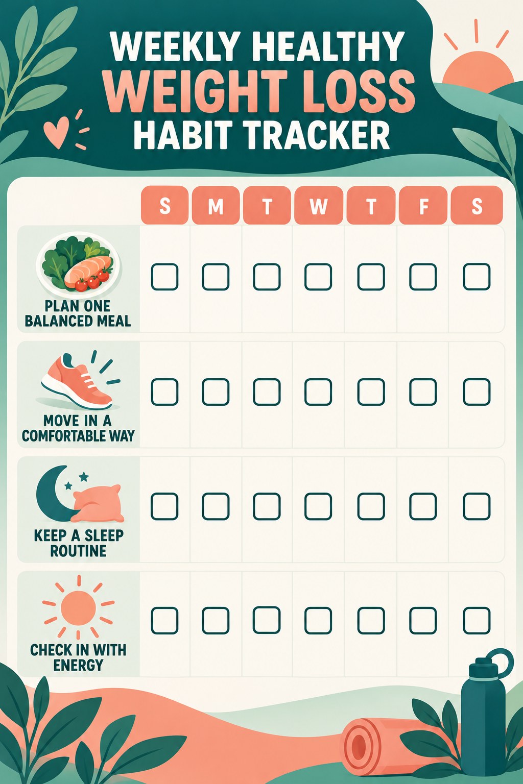 Weekly Healthy Weight Loss Habit Tracker infographic with checkboxes for plan one balanced meal, move in a comfortable way, keep a sleep routine, check in with energy.