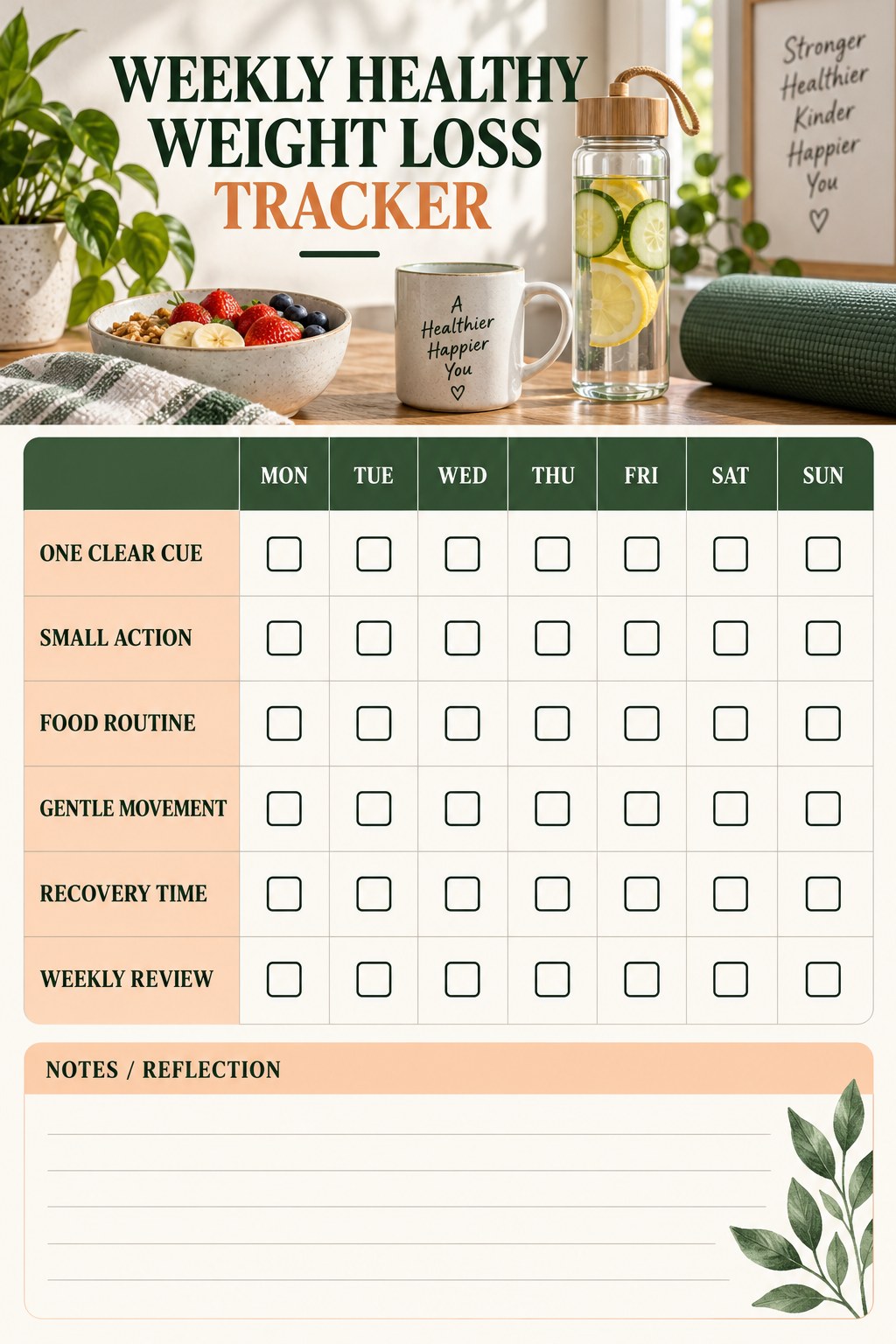 Weekly Healthy Weight Loss printable-style tracker graphic with six labeled rows, empty checkboxes, and a reflection area.