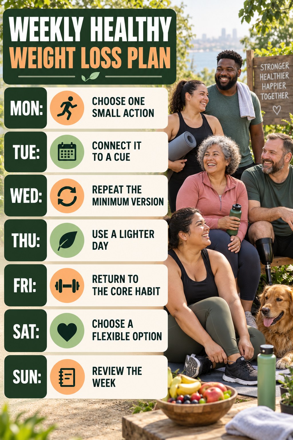 Weekly Healthy Weight Loss plan graphic with concise Monday-to-Sunday actions and flexible recovery guidance.