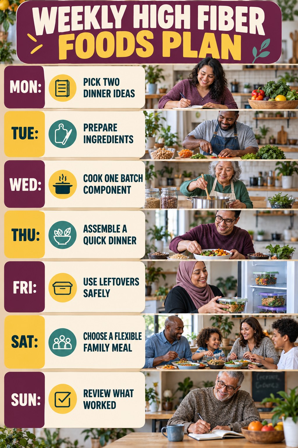 Weekly High Fiber Foods plan graphic with concise Monday-to-Sunday actions and flexible recovery guidance.