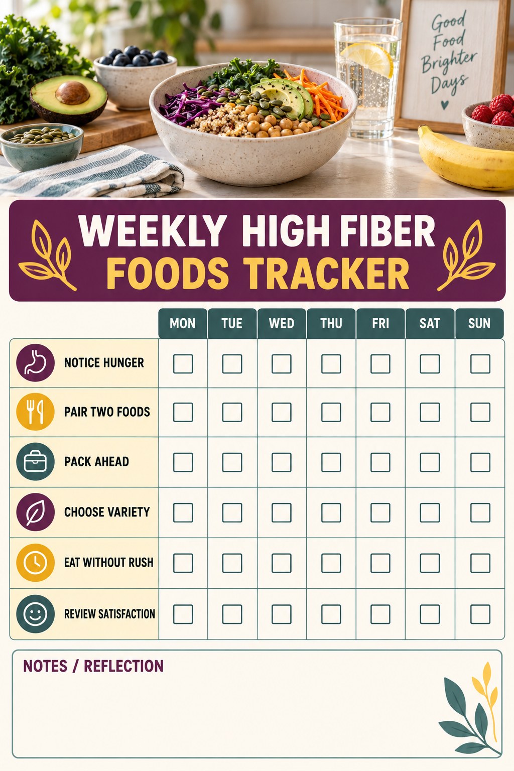 Weekly High Fiber Foods printable-style tracker graphic with six labeled rows, empty checkboxes, and a reflection area.