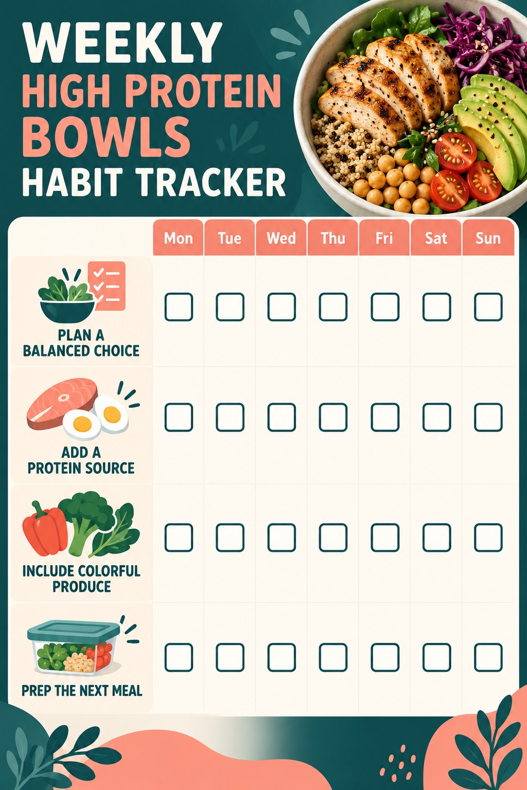 Weekly High Protein Bowls Habit Tracker infographic with checkboxes for plan a balanced choice, add a protein source, include colorful produce, prep the next meal.