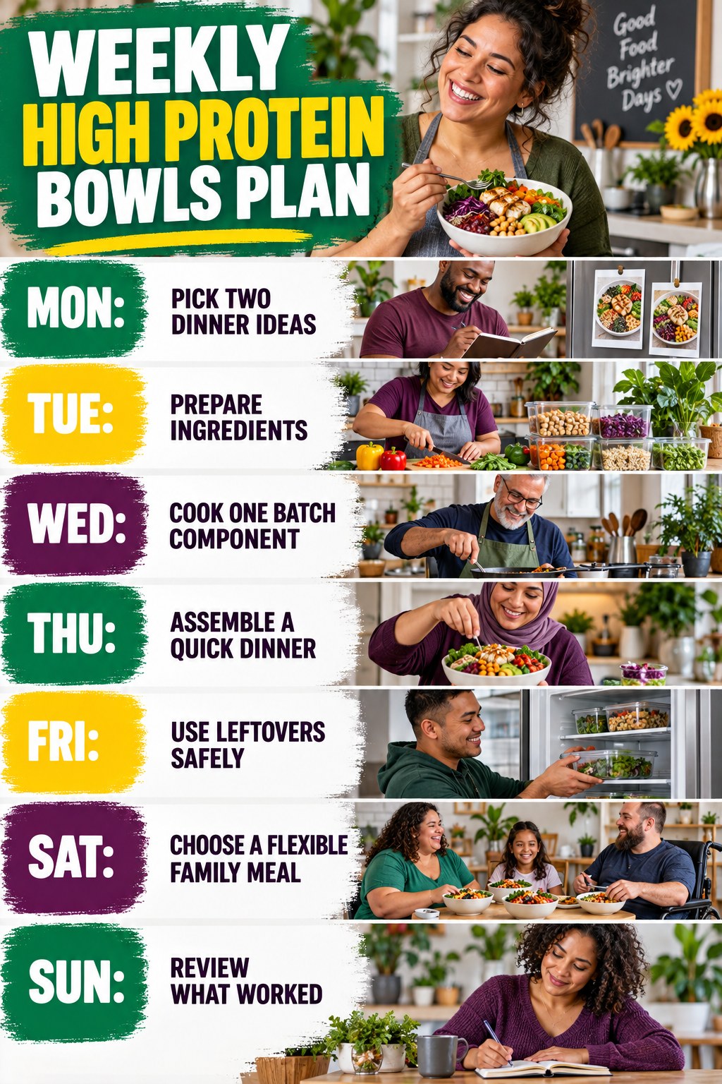 Weekly High Protein Bowls plan graphic with concise Monday-to-Sunday actions and flexible recovery guidance.