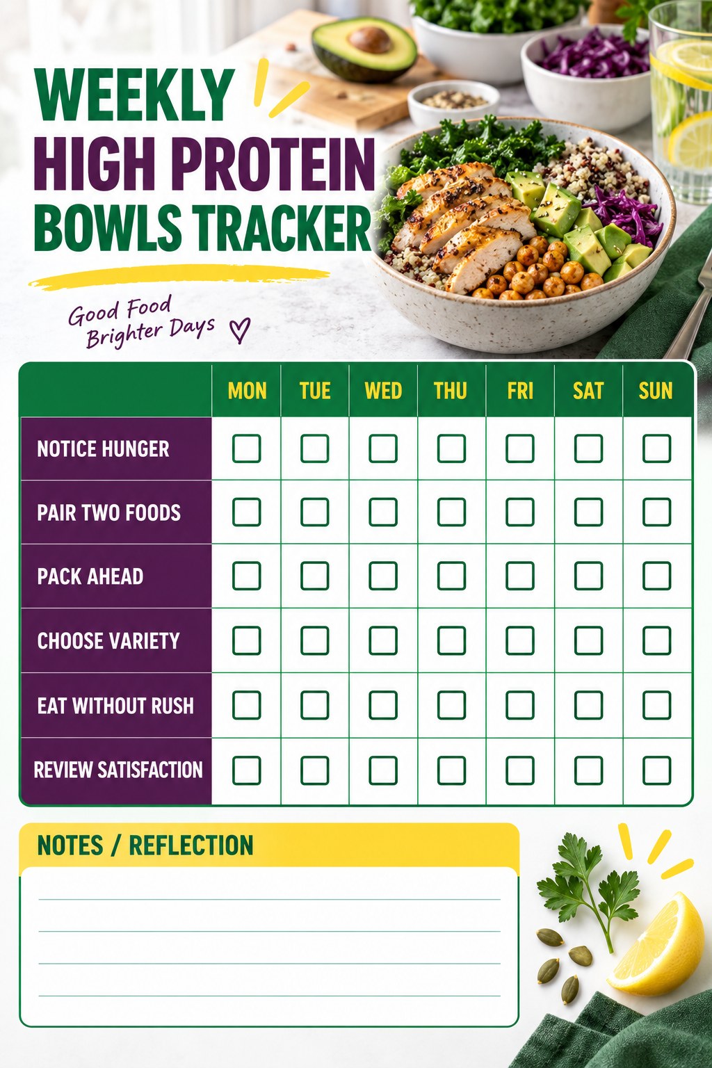 Weekly High Protein Bowls printable-style tracker graphic with six labeled rows, empty checkboxes, and a reflection area.