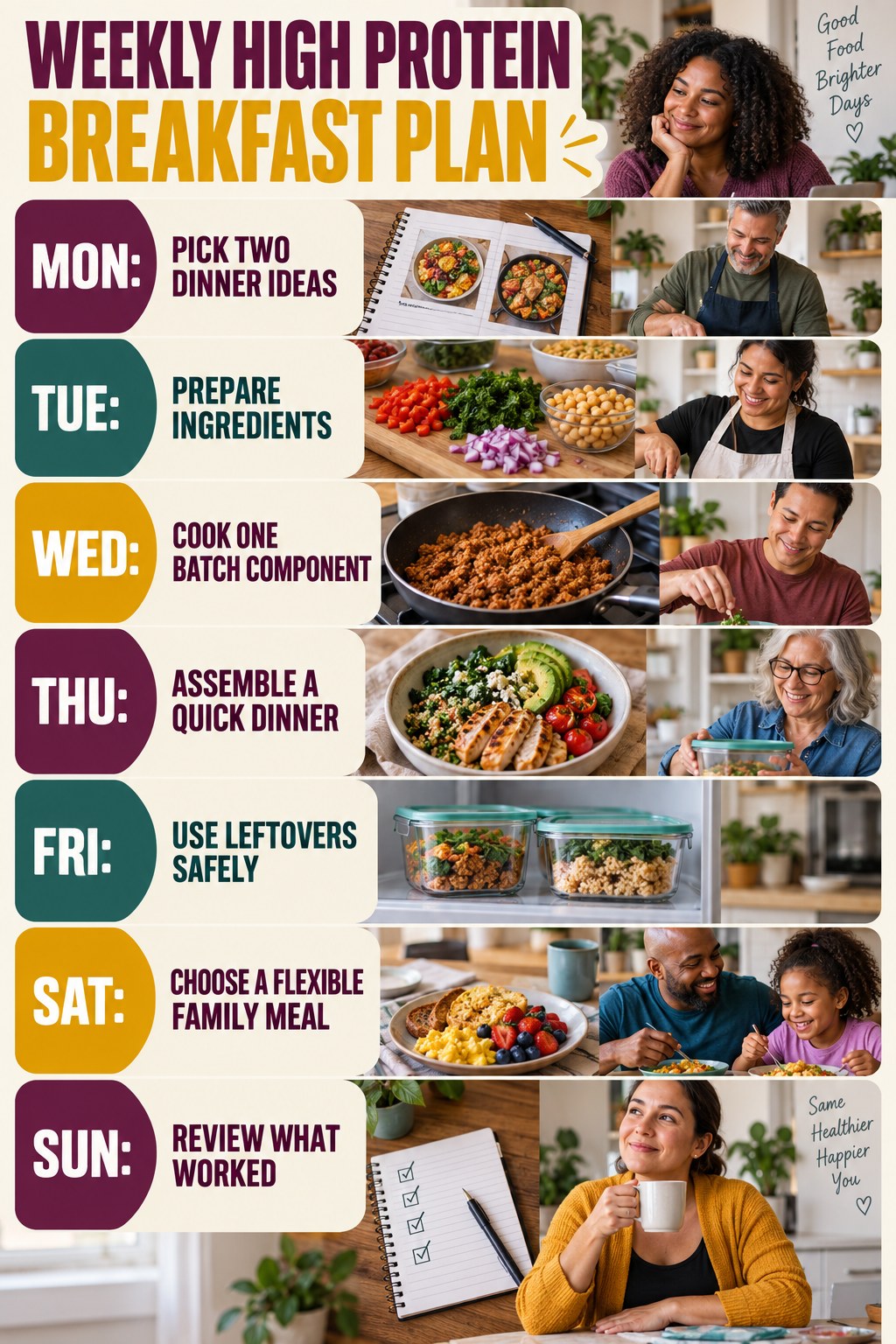 Weekly High Protein Breakfast plan graphic with concise Monday-to-Sunday actions and flexible recovery guidance.