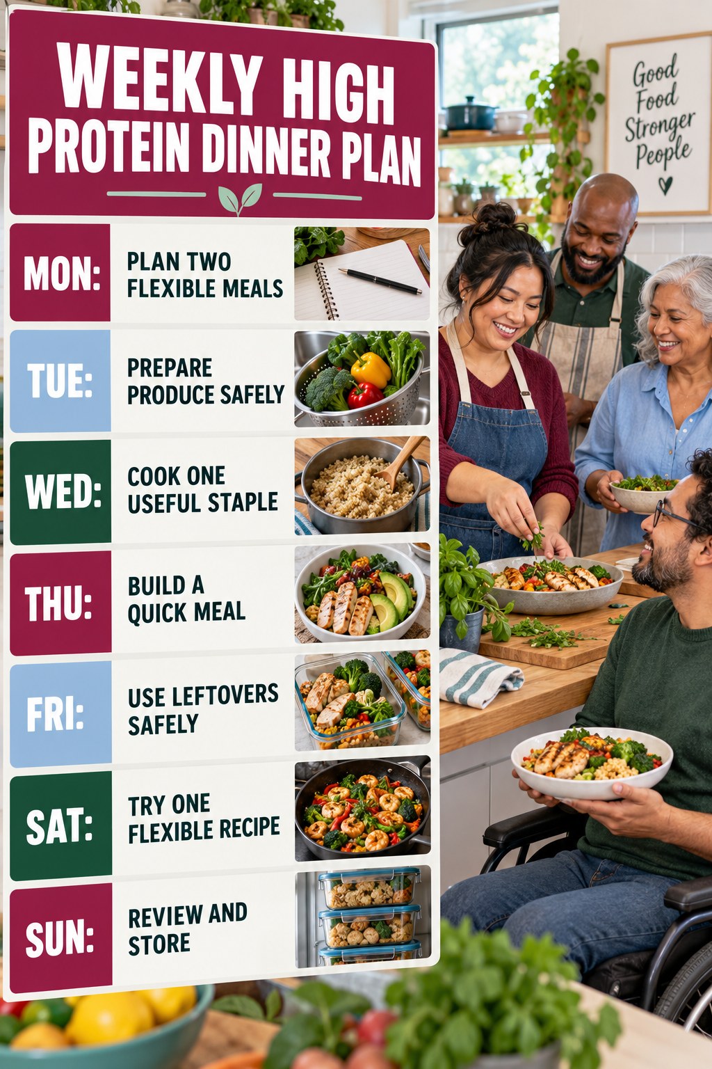 Weekly High Protein Dinner plan graphic with concise Monday-to-Sunday actions and flexible recovery guidance.