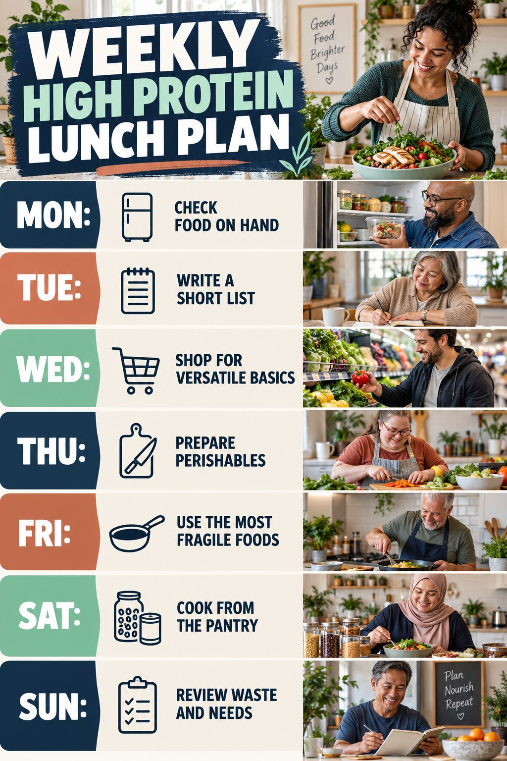 Weekly High Protein Lunch plan graphic with concise Monday-to-Sunday actions and flexible recovery guidance.